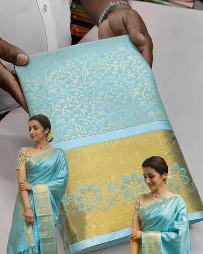 Promotional image of a saree with a woman wearing it, held by a person.