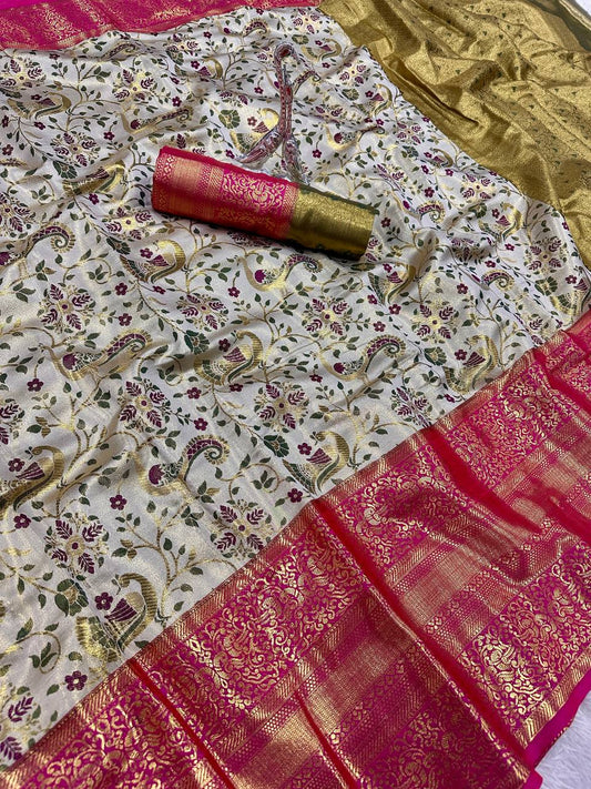 Pure Handloom Kanjivaram Silk Saree with Contrast Border & Rich Zari Pallu