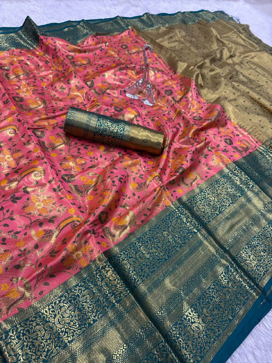 Pure Handloom Kanjivaram Silk Saree with Contrast Border & Rich Zari Pallu