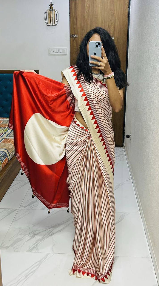 Classic Black & Ivory Striped Saree with Geometric Border