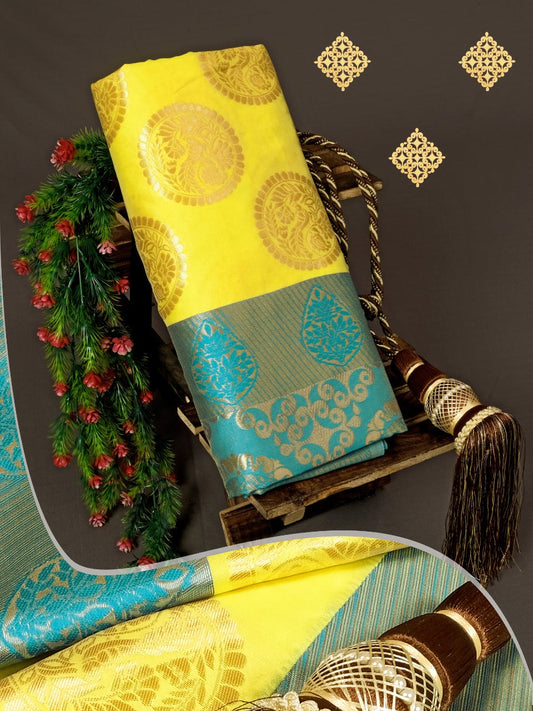 Yellow and Teal Silk Saree with Woven Motifs