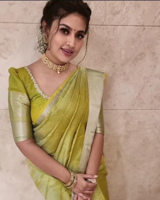 Elegant Olive Green Silk Saree with Subtle Shine