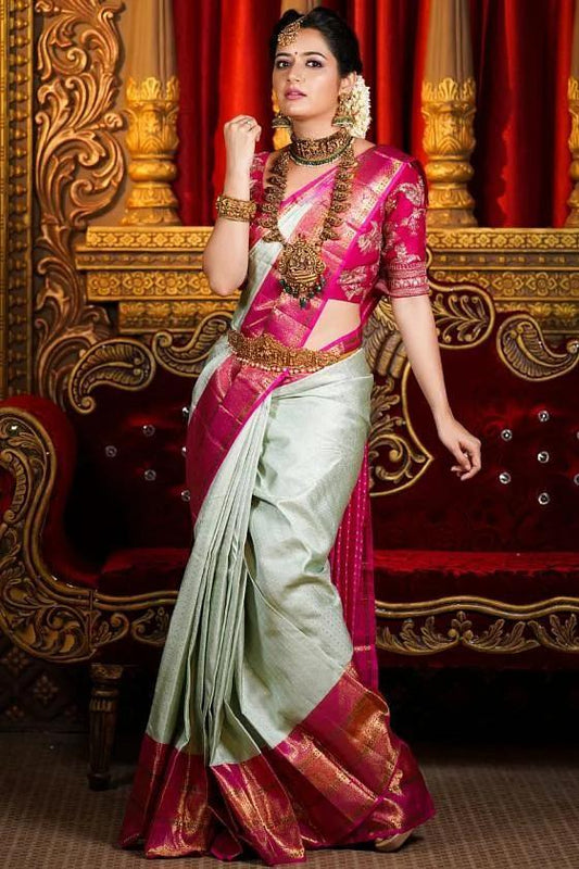Royal Pink and Mint Green Silk Saree with Rich Zari Border