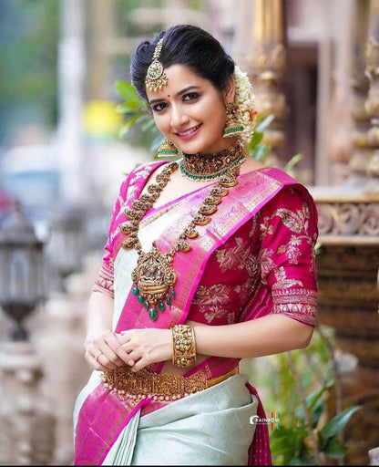 Royal Pink and Mint Green Silk Saree with Rich Zari Border
