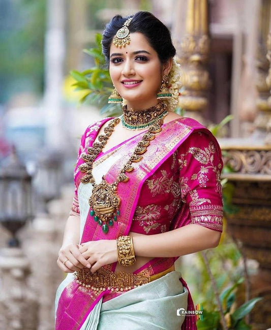 Royal Pink and Mint Green Silk Saree with Rich Zari Border