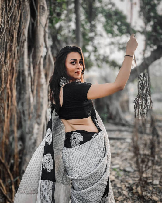 Black and Grey Printed Saree with Statement Motifs
