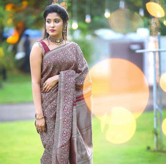 Elegant Maroon Silk Saree with All-Over Woven Motifs