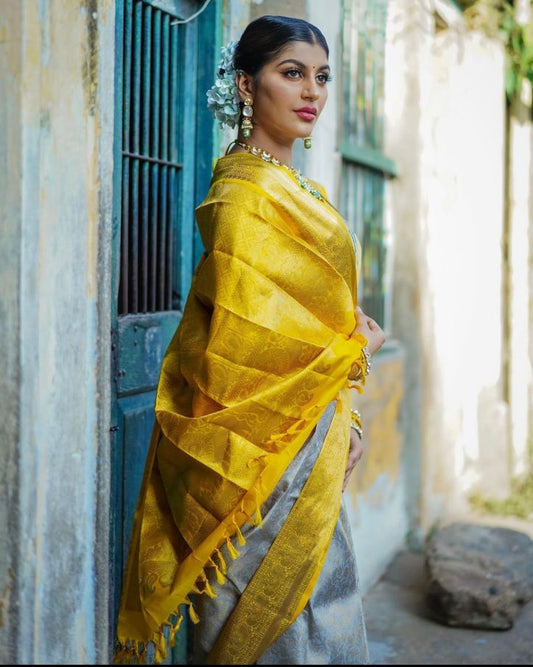 Mustard Yellow and Grey Silk Saree with Elegant Border