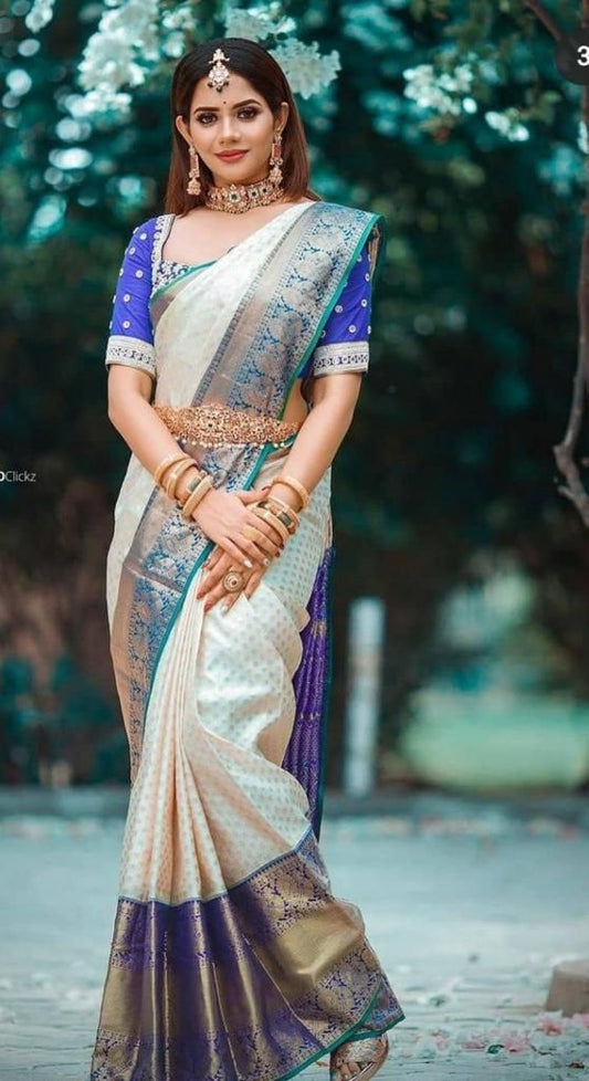 Ivory Silk Saree with Royal Blue Zari Border