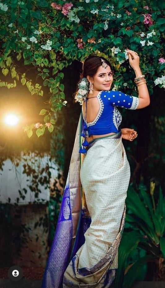 Ivory Silk Saree with Royal Blue Zari Border