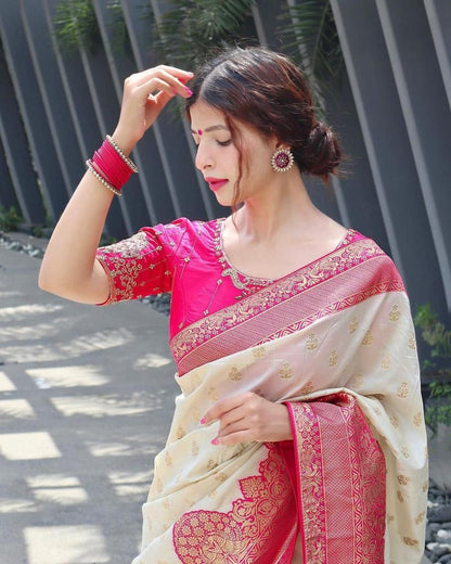 Elegant Cream Silk Saree with Rich Pink Zari Border