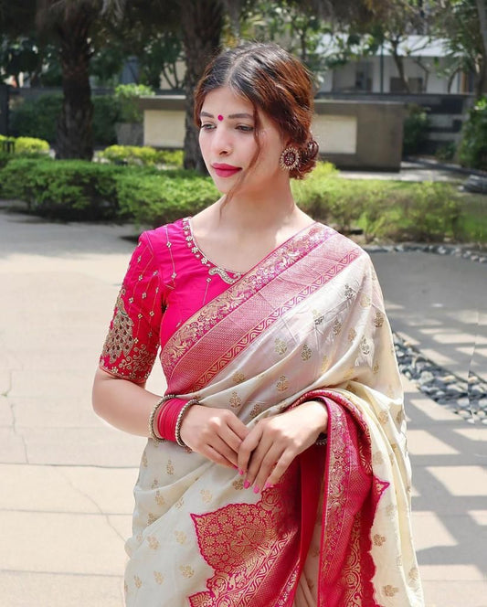 Elegant Cream Silk Saree with Rich Pink Zari Border