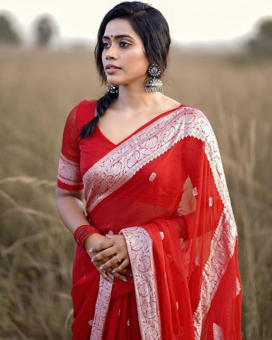 Elegant Red Saree with Delicate Silver Woven Details