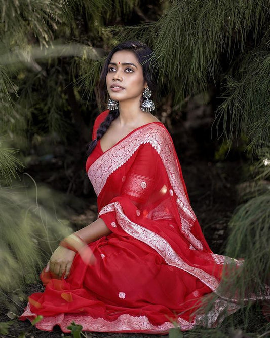 Elegant Red Saree with Delicate Silver Woven Details