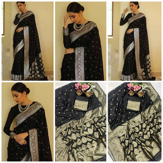 Classic Black Saree with Silver Woven Border