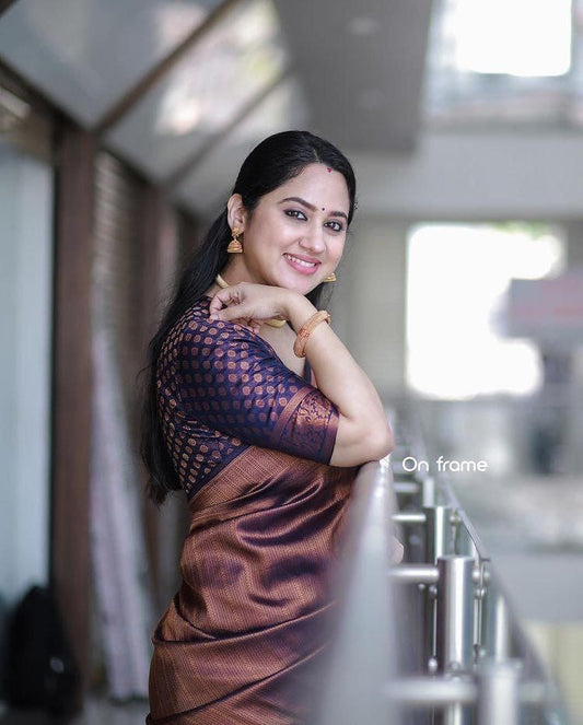 Elegant Copper Brown Silk Saree with Rich Woven Border & Designer Blouse