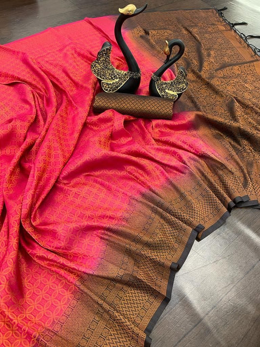 Elegant Pink & Black Soft Silk Saree with Rich Woven Pallu