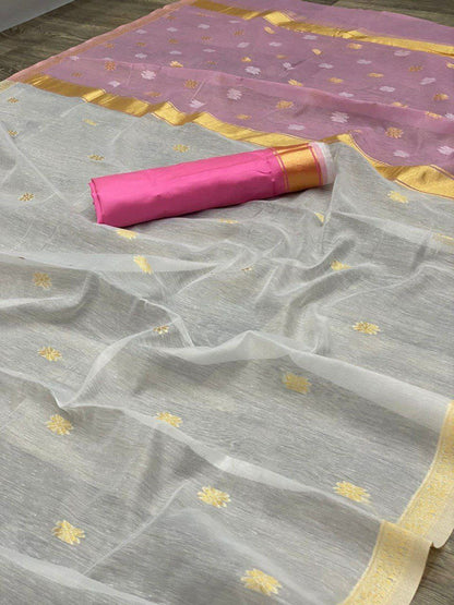 Elegant Off-White Cotton Saree with Pink Contrast Pallu