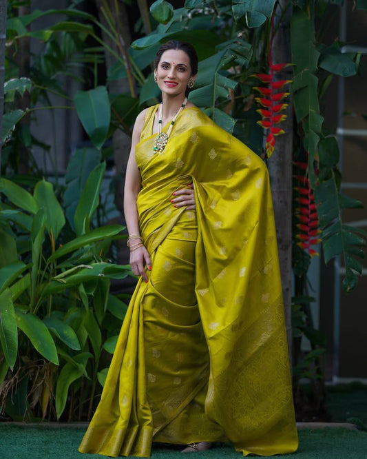 Elegant Olive Green Banarasi Silk Saree with Gold Zari Motifs