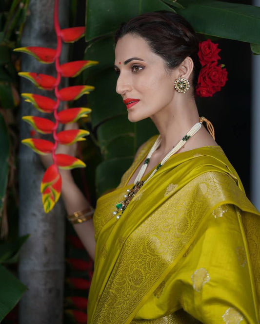 Elegant Olive Green Banarasi Silk Saree with Gold Zari Motifs