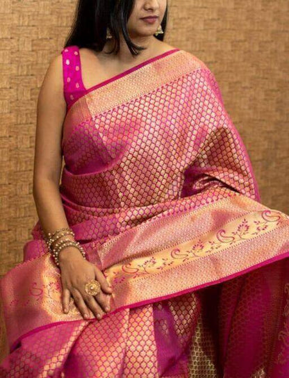 Elegant Pink Silk Saree with Subtle Woven Texture