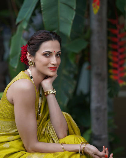 Elegant Olive Green Banarasi Silk Saree with Gold Zari Motifs
