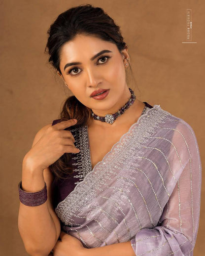 Soft Burberry Fabric Designer Saree with Sequins & Zari Work