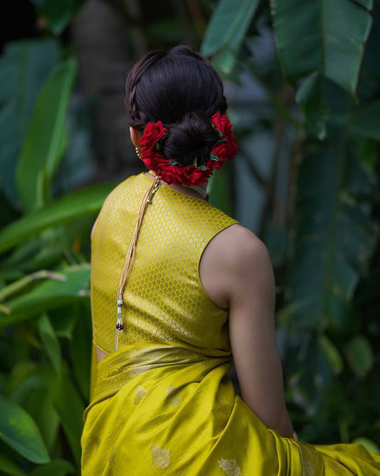Elegant Olive Green Banarasi Silk Saree with Gold Zari Motifs