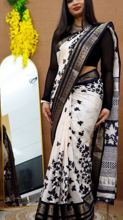 Pure Dola Silk Saree with Jacquard Border & Kalamkari Print