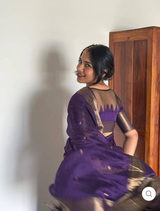 Soft Cotton Saree Showcasing Slab Weaving and Contrast Blouse