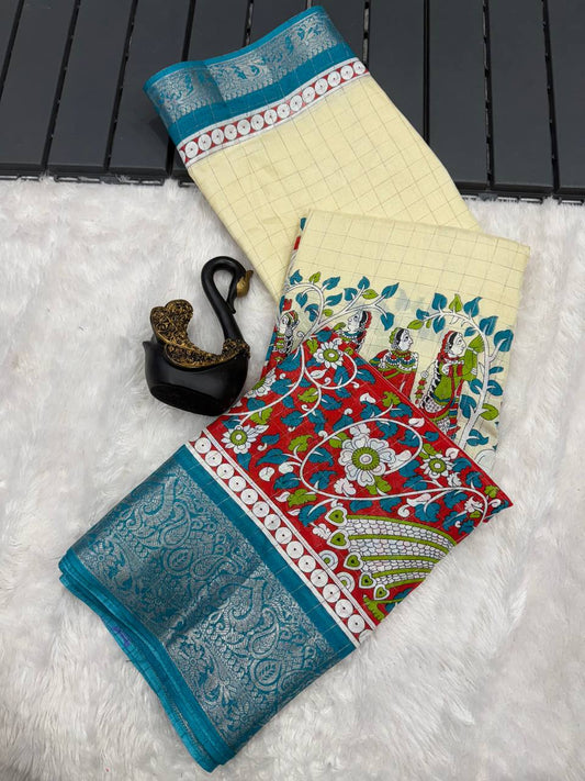 Tradivibe Saree Crafted with Printed Checks and Kalamkari Pallu